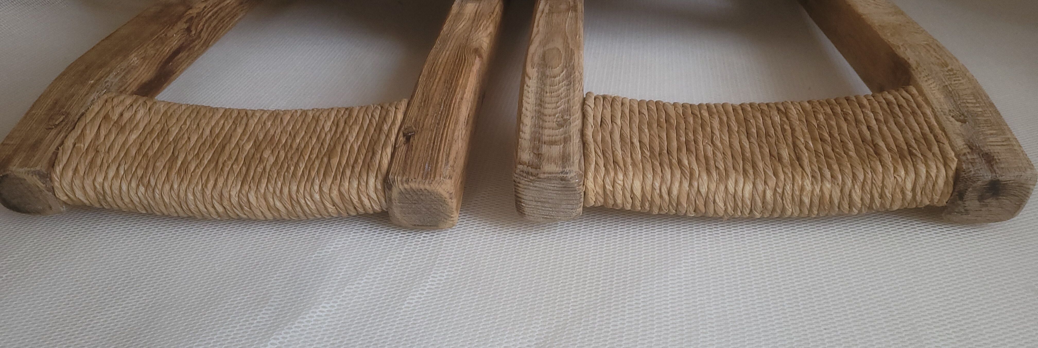 Pair of brutalist chairs in wood and straw