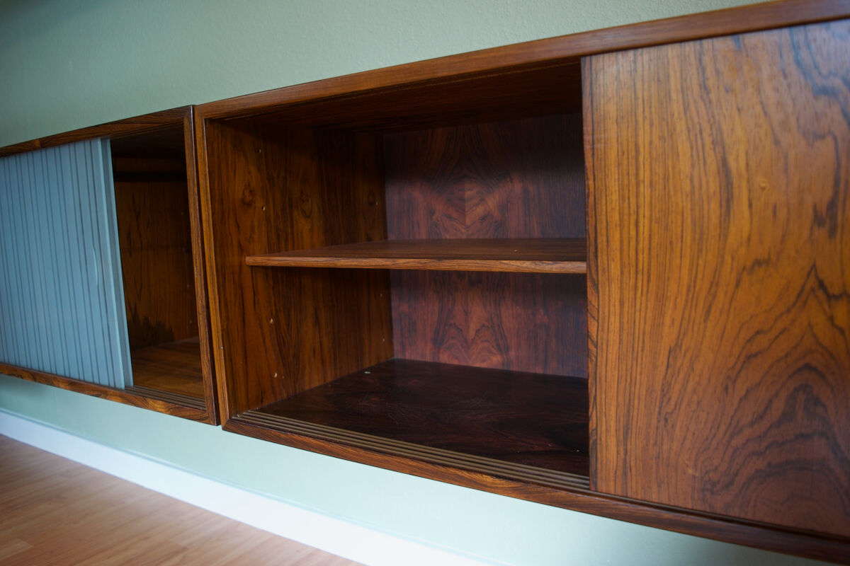 Midcentury Modular Rosewood Wall System by Kai Kristiansen for FM Møbler, 1960s. Set of 17.