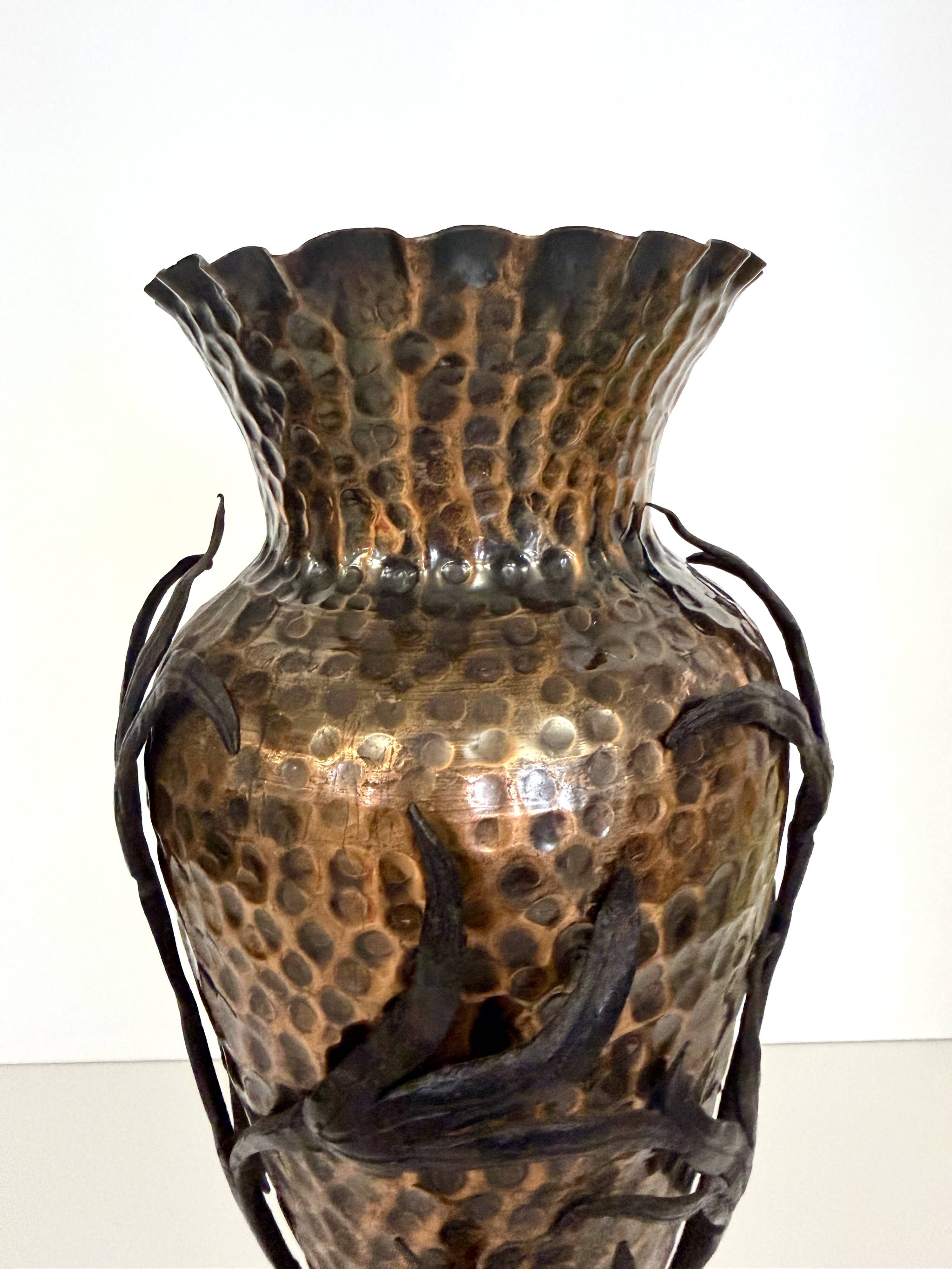Copper Vase with Wrought Iron Snake and Leaves attr. to Alessandro Mazzucot