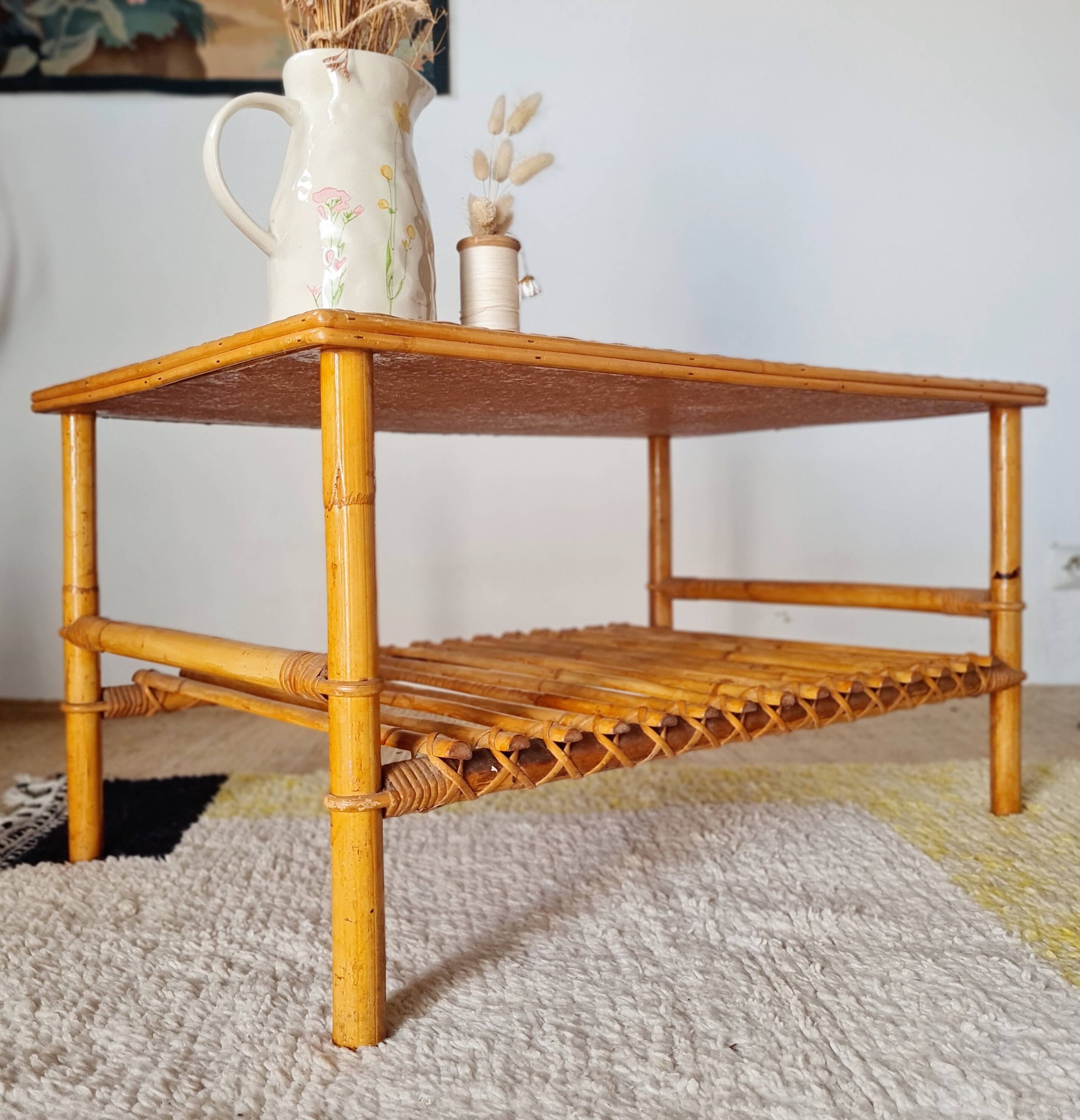 Antique coffee table in rattan and bamboo