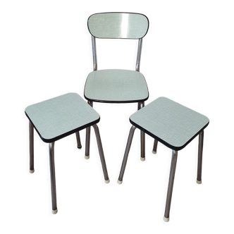 Lot chaise et 2 tabourets vintage formica bleu vert