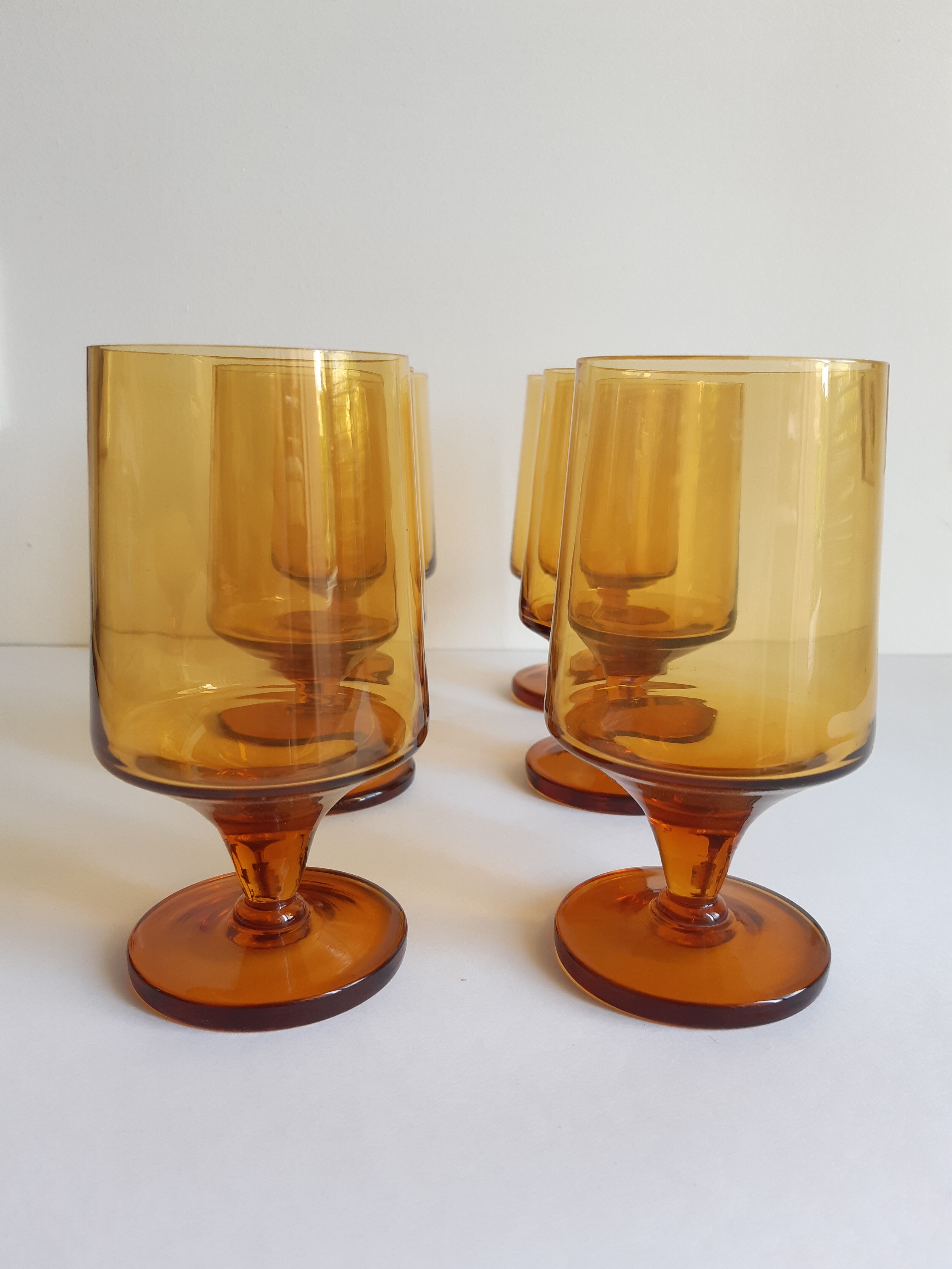Set of 6 vintage amber foot glasses