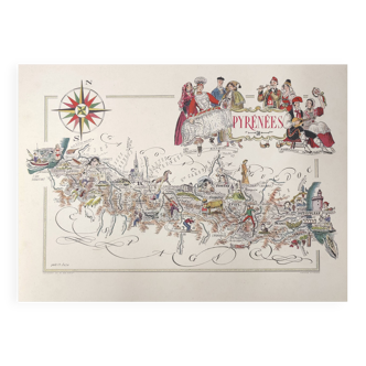 Carte ancienne les Pyrénées  illustrée  Jacques Liozu 1951