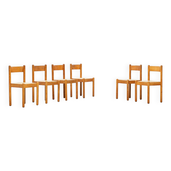 Six chaises de salle a manger avec assise en paillage 1970