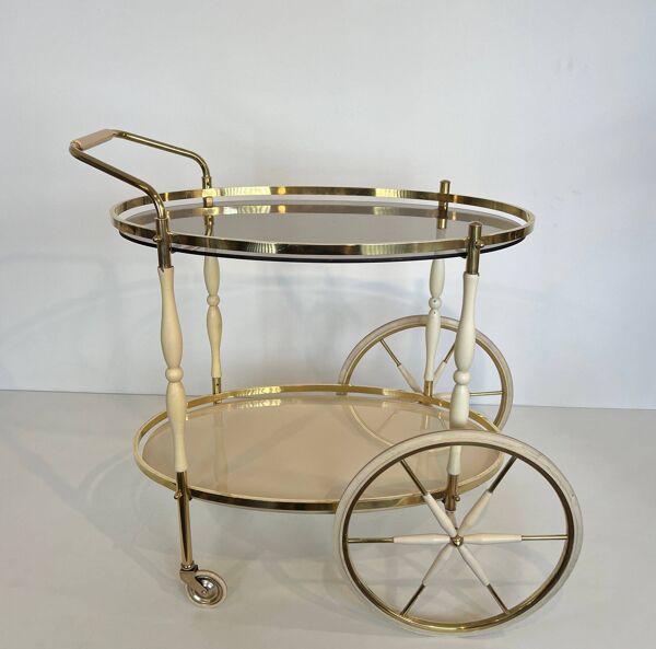 Table roulante italienne ovale en laiton et bois laqué