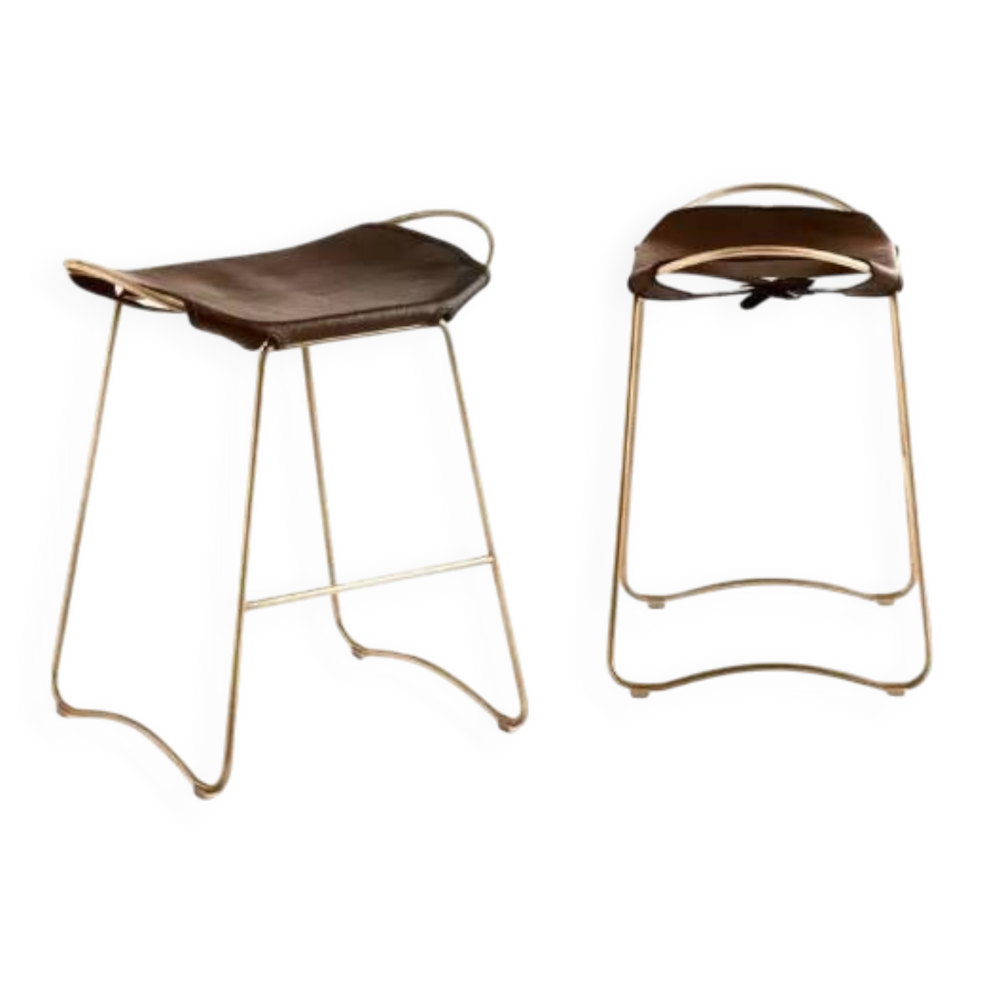 Brown stool pair without backrest with brass details.