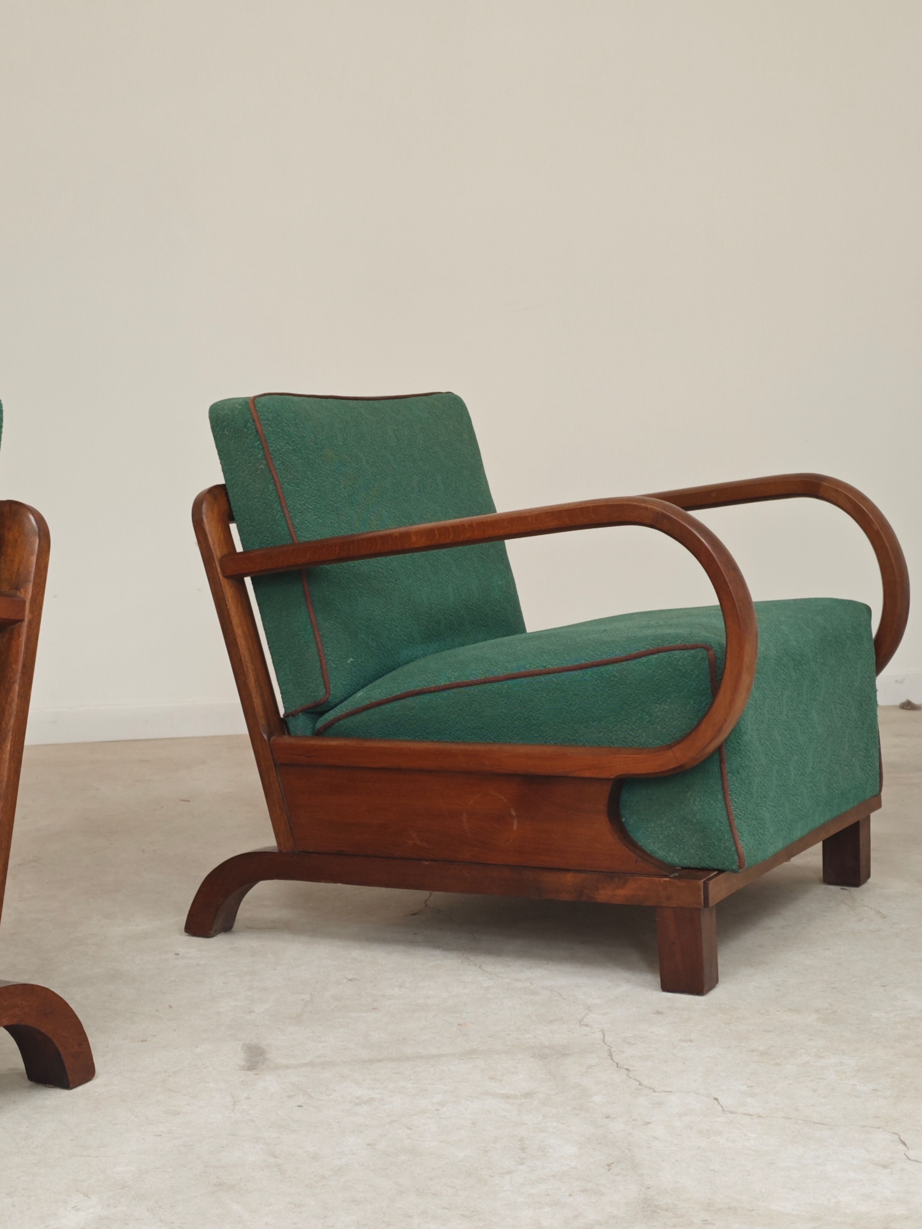 Paire de fauteuils Art déco vert par Jindrich Halabala, Prague 1930