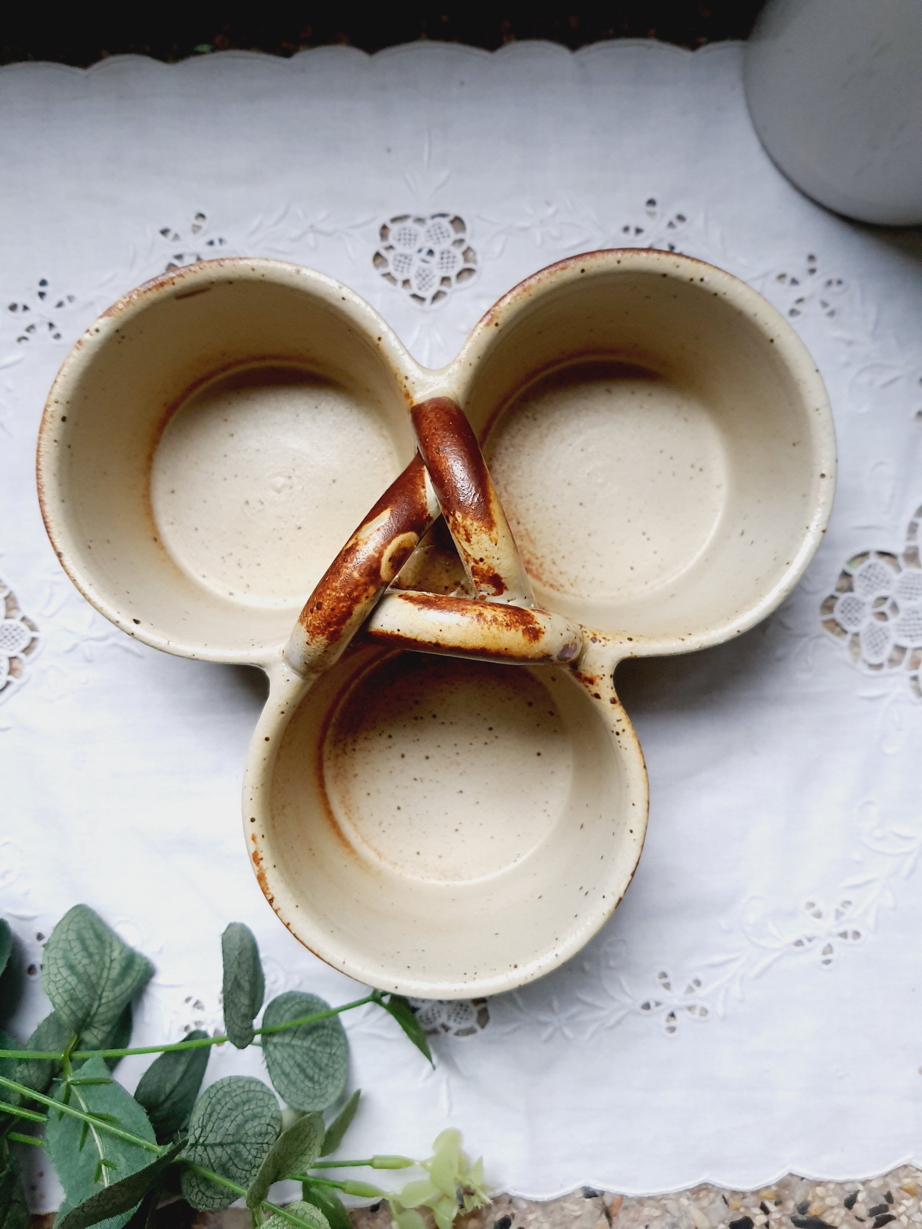 Triple appetizer dish in vintage sandstone