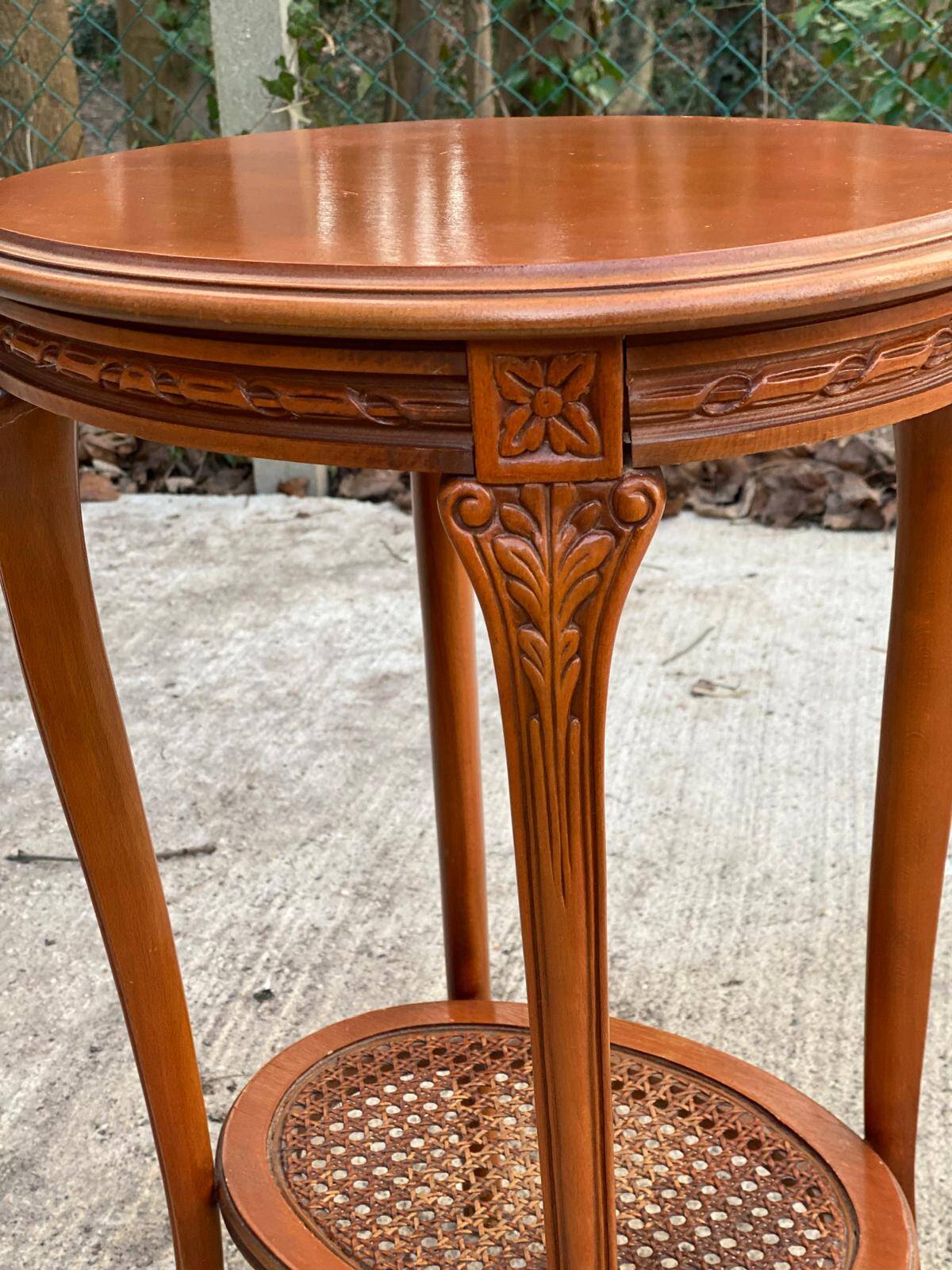 Louis XV oval pedestal table carved in solid cherry wood with cane bedside table