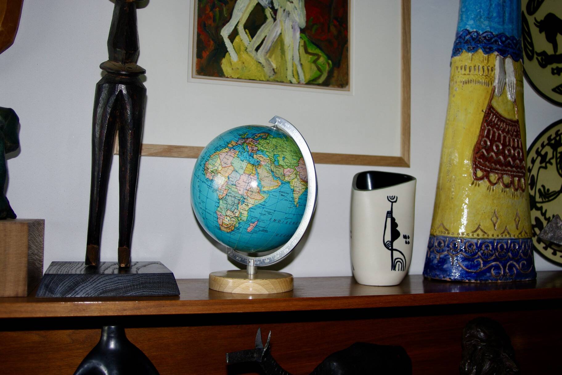 Vintage metal and wood terrestrial globe 1950