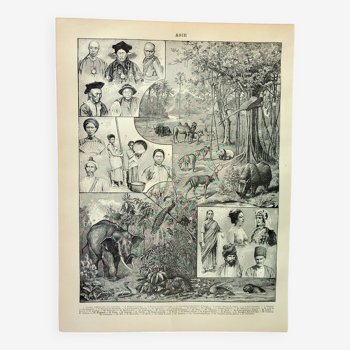 Gravure ancienne 1898, Asie : tribu, faune et flore • Lithographie, Planche originale