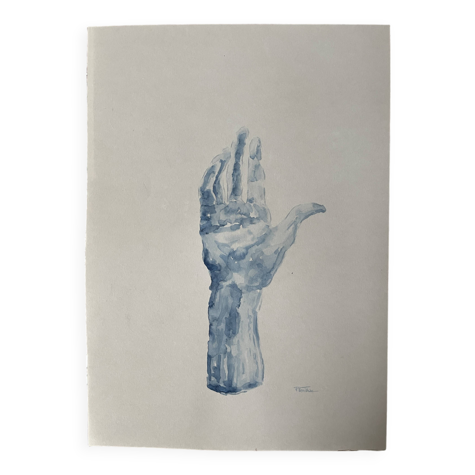 Painting signed blue monochrome watercolor study of the statue of Rodin “the hand reveals the man”