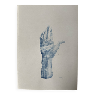 Tableau signé aquarelle monochrome bleue étude de la statue de Rodin  « la main révèle l’homme »