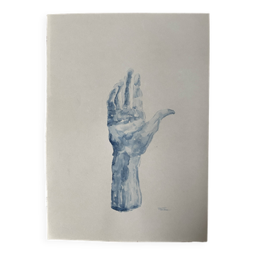 Tableau signé aquarelle monochrome bleue étude de la statue de Rodin  « la main révèle l’homme »