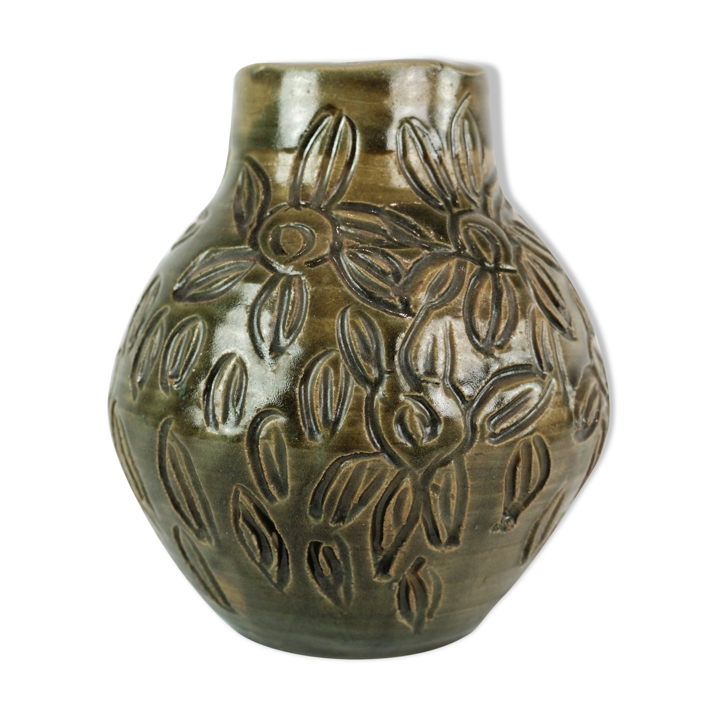 Ceramic vase with dark glaze and floral pattern of unknown Danish artis, 1960s