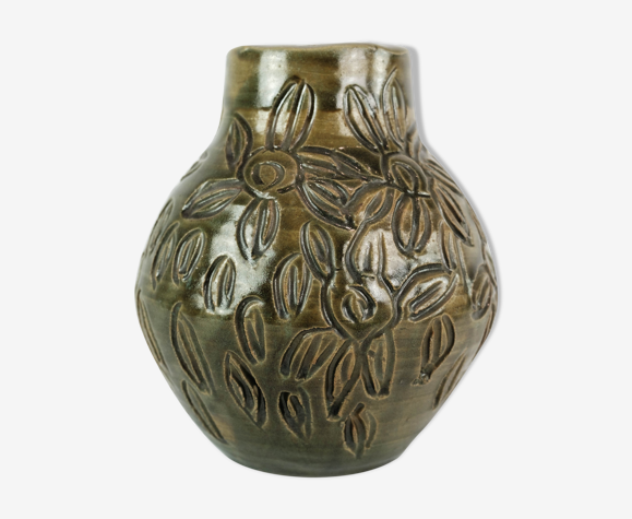 Ceramic vase with dark glaze and floral pattern of unknown Danish artis,  1960s | Selency
