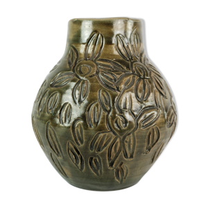 Vase en céramique avec glaçure sombre et motif floral d’art danois inconnu, années 1960