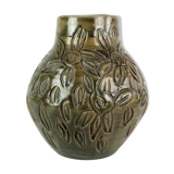 Ceramic vase with dark glaze and floral pattern of unknown Danish artis, 1960s