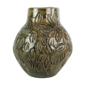 Vase en céramique avec glaçure sombre et motif floral d’art danois inconnu, années 1960