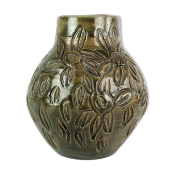 Ceramic vase with dark glaze and floral pattern of unknown Danish artis, 1960s