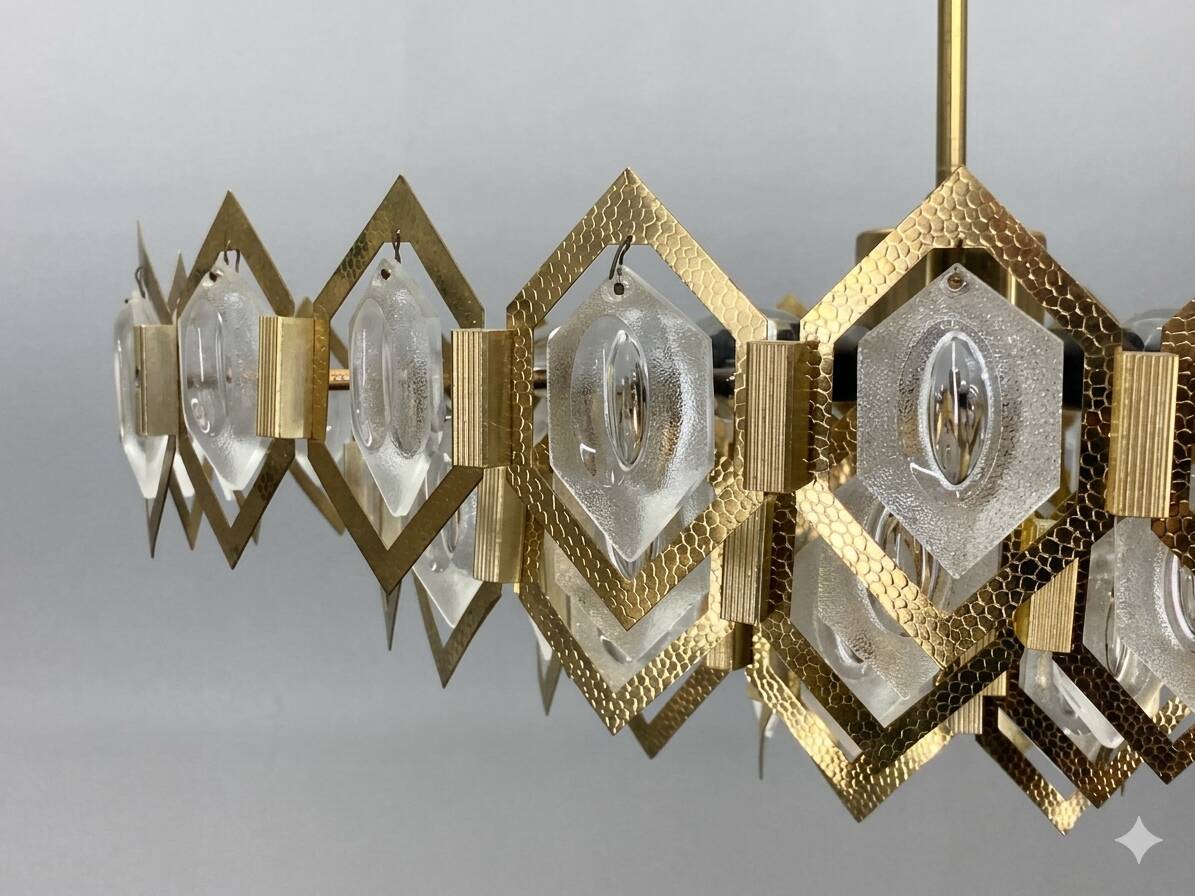 Faceted glass chandelier brass Jaroslav Bejvl Kamenický Šenov 1960s Czechoslovakia