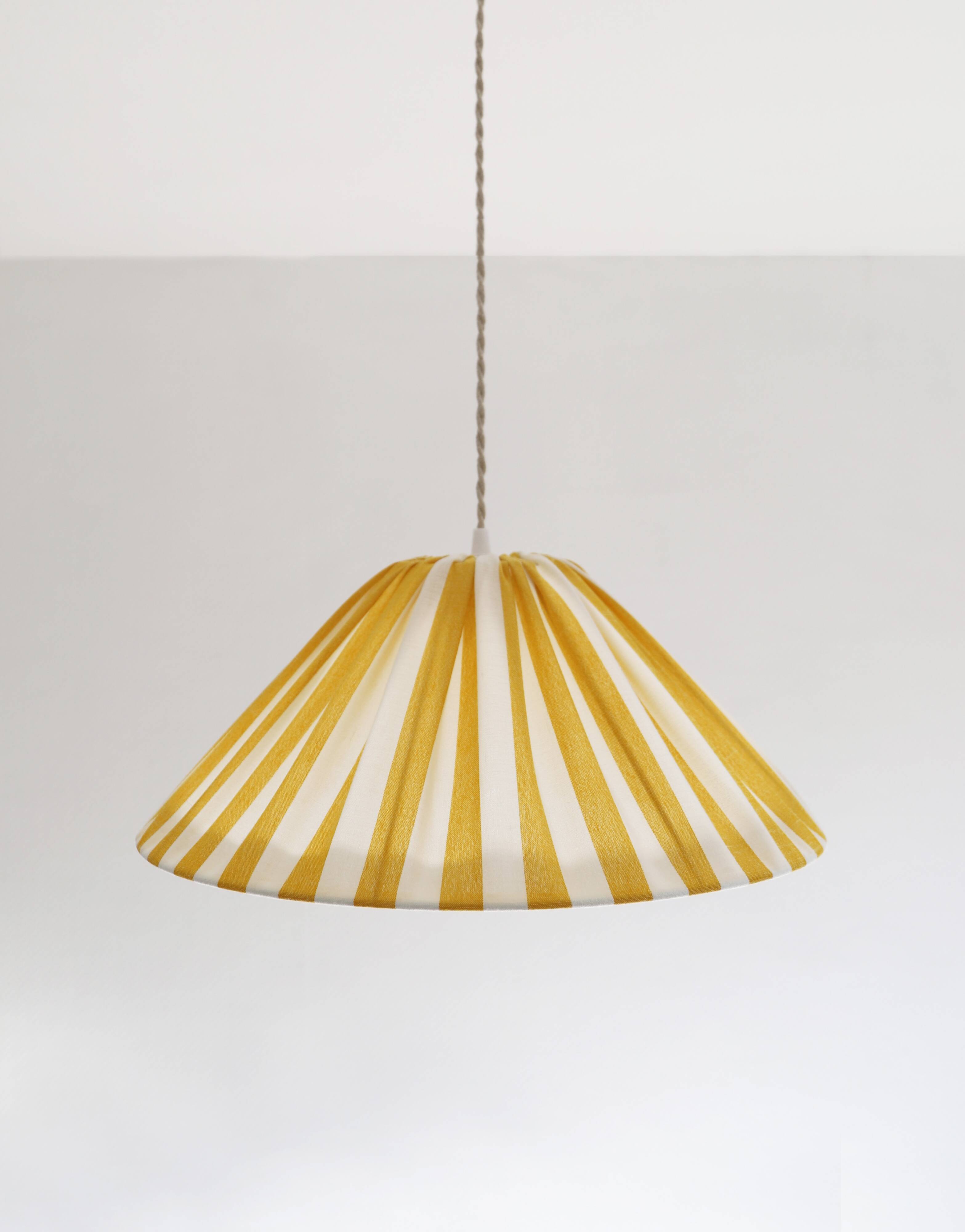 "Malala striped off-white and lemon yellow" conical shaped striped pendant light