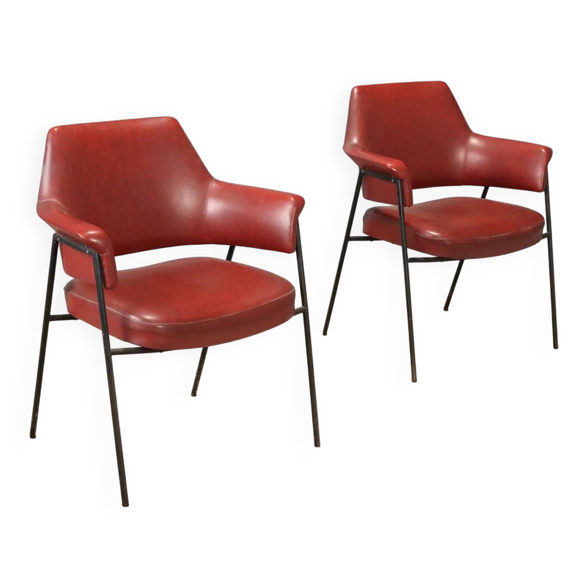 Pair of vintage metal and faux leather armchairs, Italian design, 1960s