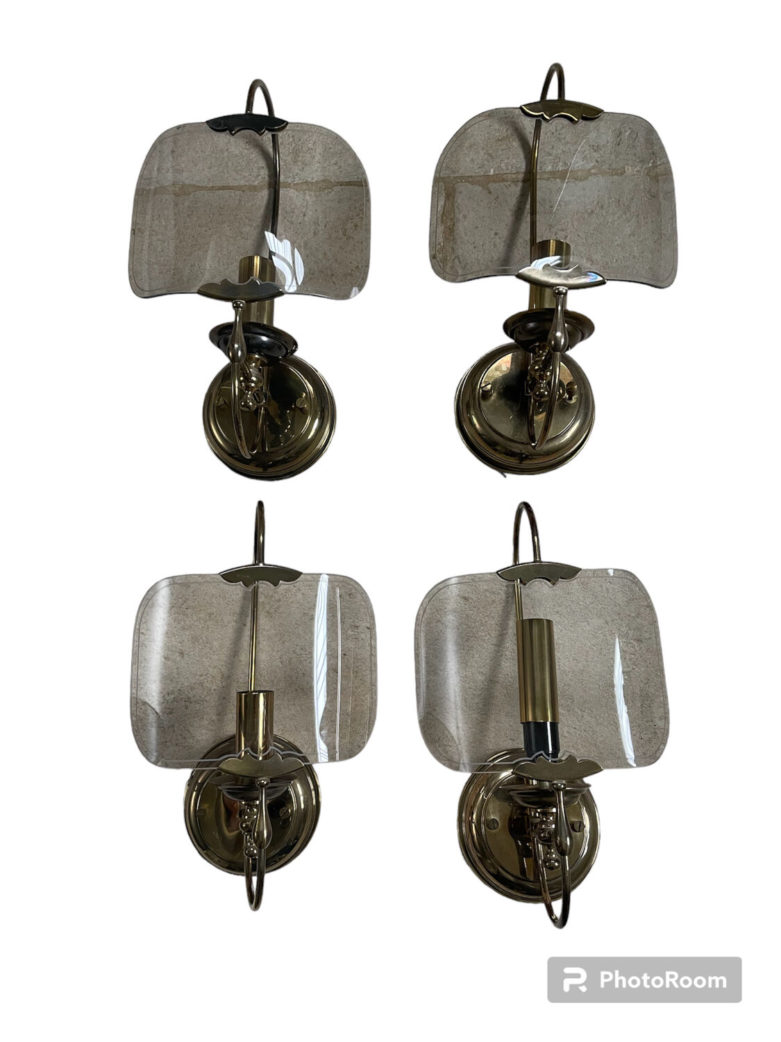 Pair of vintage brass and smoked glass wall lights
