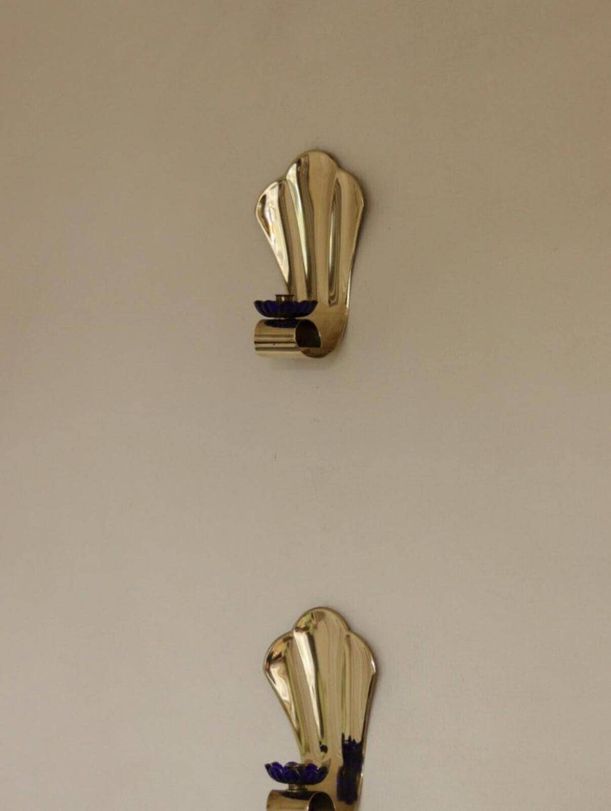 Pair Of Vintage Brass Sconces With Blue Flower Shape Bobeche (Drip Tray)