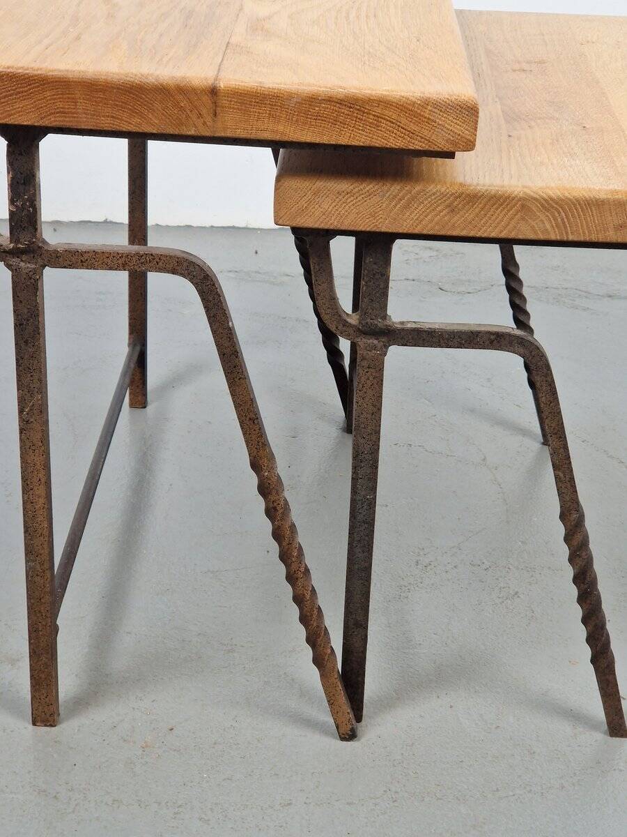 Brutalist Cast Iron and Oak Nesting Tables, 1970s, Set of 2