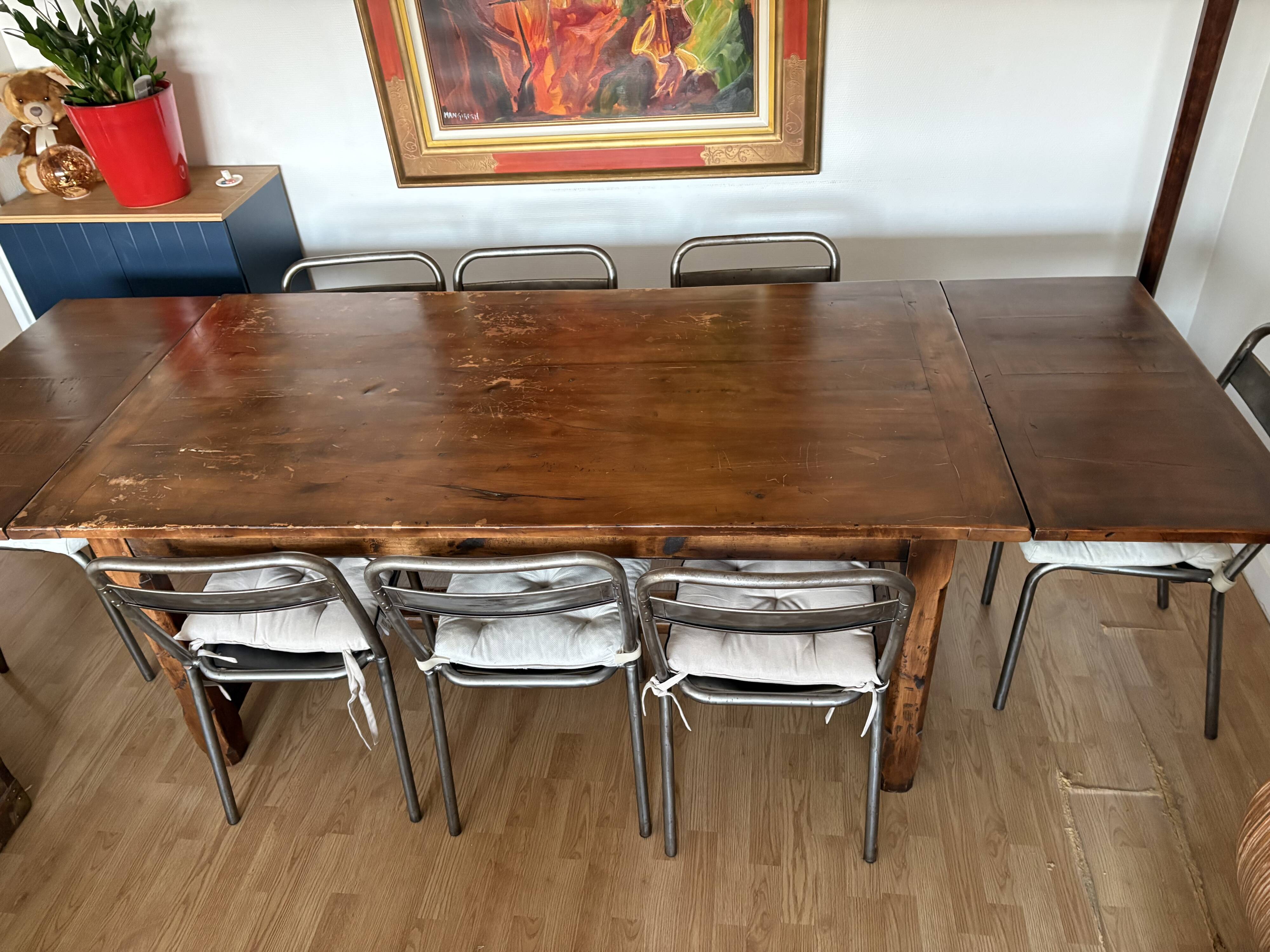 Solid cherry farmhouse table + 8 metal chairs - 2 extensions