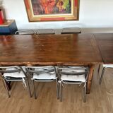 Solid cherry farmhouse table + 8 metal chairs - 2 extensions