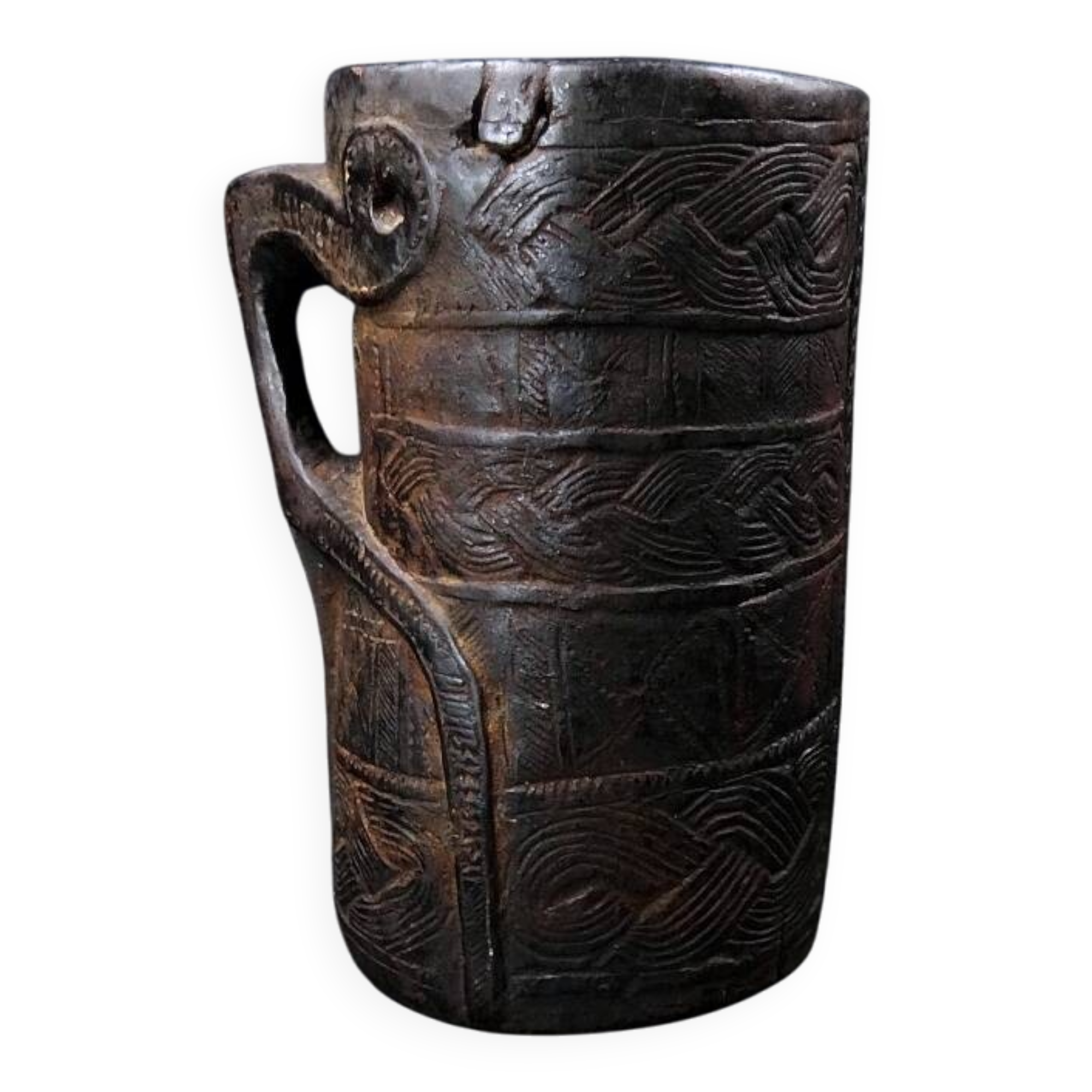 Nepalese milk jug in brown patina wood, Sherpa folk craft, 20th century