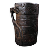 Nepalese milk jug in brown patina wood, Sherpa folk craft, 20th century