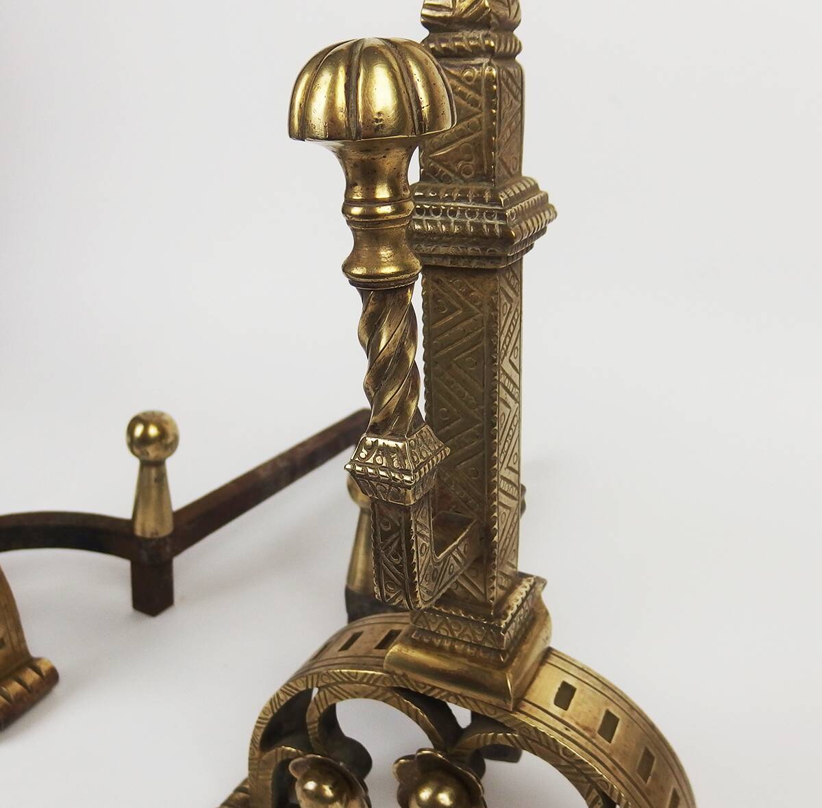 Pair of neo-gothic style bronze andirons