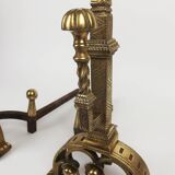 Pair of neo-gothic style bronze andirons