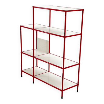 Freestanding white and red metal shelf, 1980