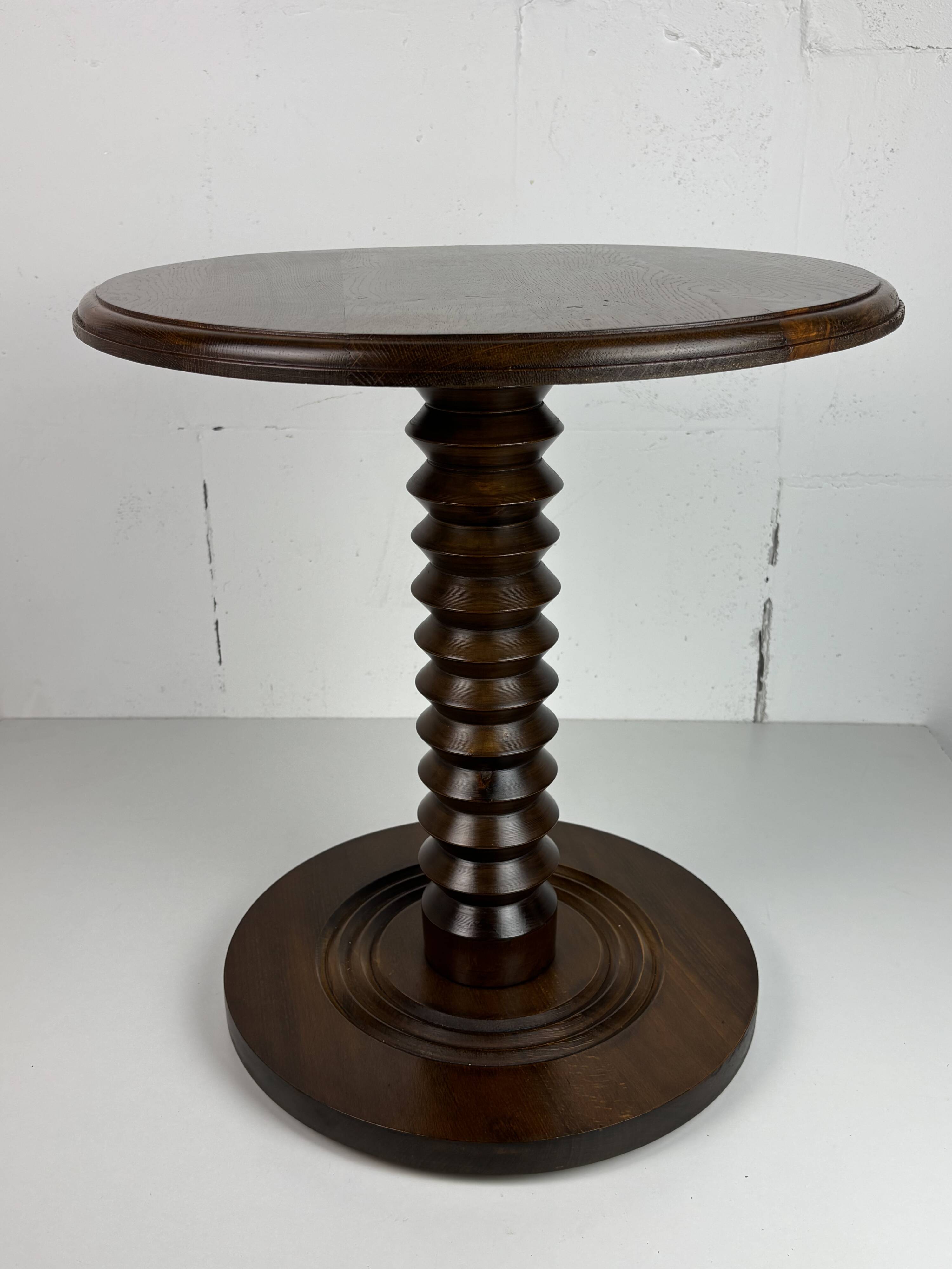 Brutalist Wood Turned Press Side Table in the style of Charles Dudouyt