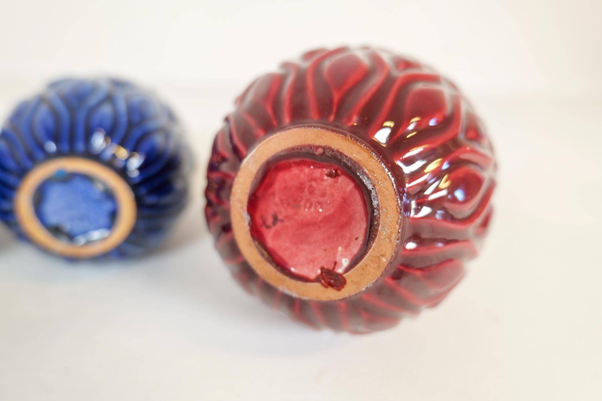 Blue and red peacock vases Midcentury Sven Erik Skawonius Upsala Ekeby, 1950s