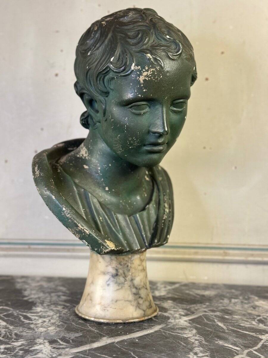 Young Boy, Plaster Bust with Green Patina, Circa 1900