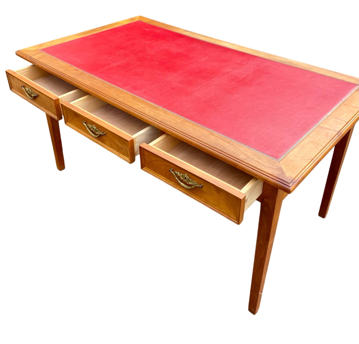 Bureau plat style Louis XVI réversible 6 tiroirs cuir rouge