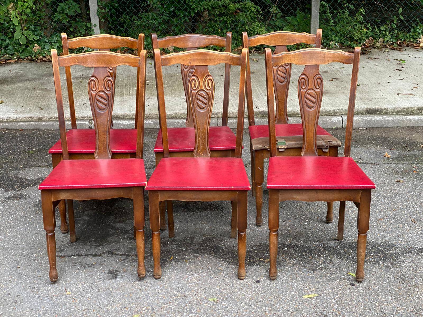 6 Art Deco dining chairs in solid wood and burgundy leather, 1950s