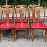 6 Art Deco dining chairs in solid wood and burgundy leather, 1950s