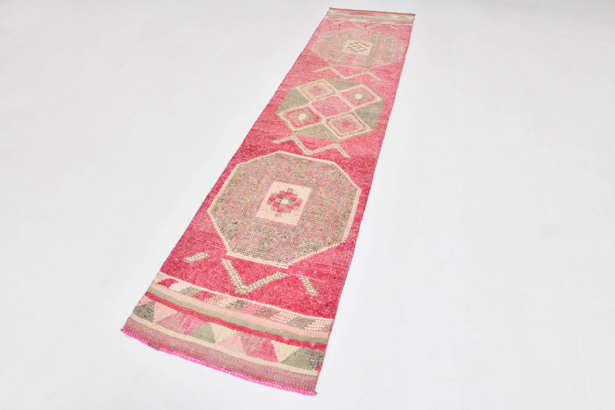 2x10 Pink & Green Tribal Vintage Runner Rug, 70x309Cm