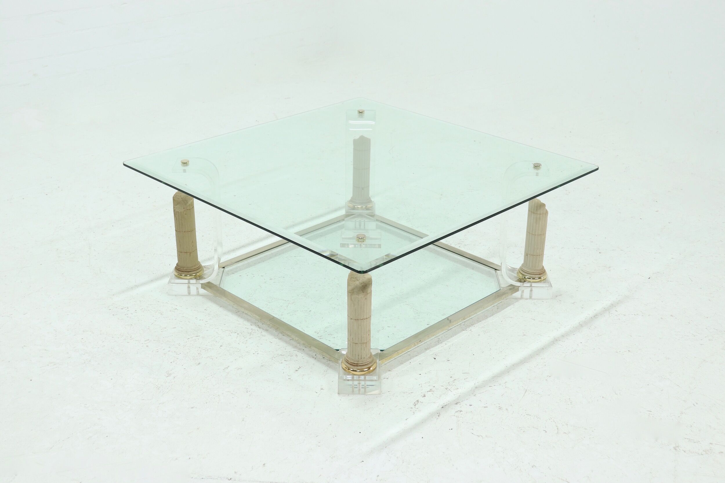 Two Tier Regency Lucite & Glass Pedestal Coffee table 1980s