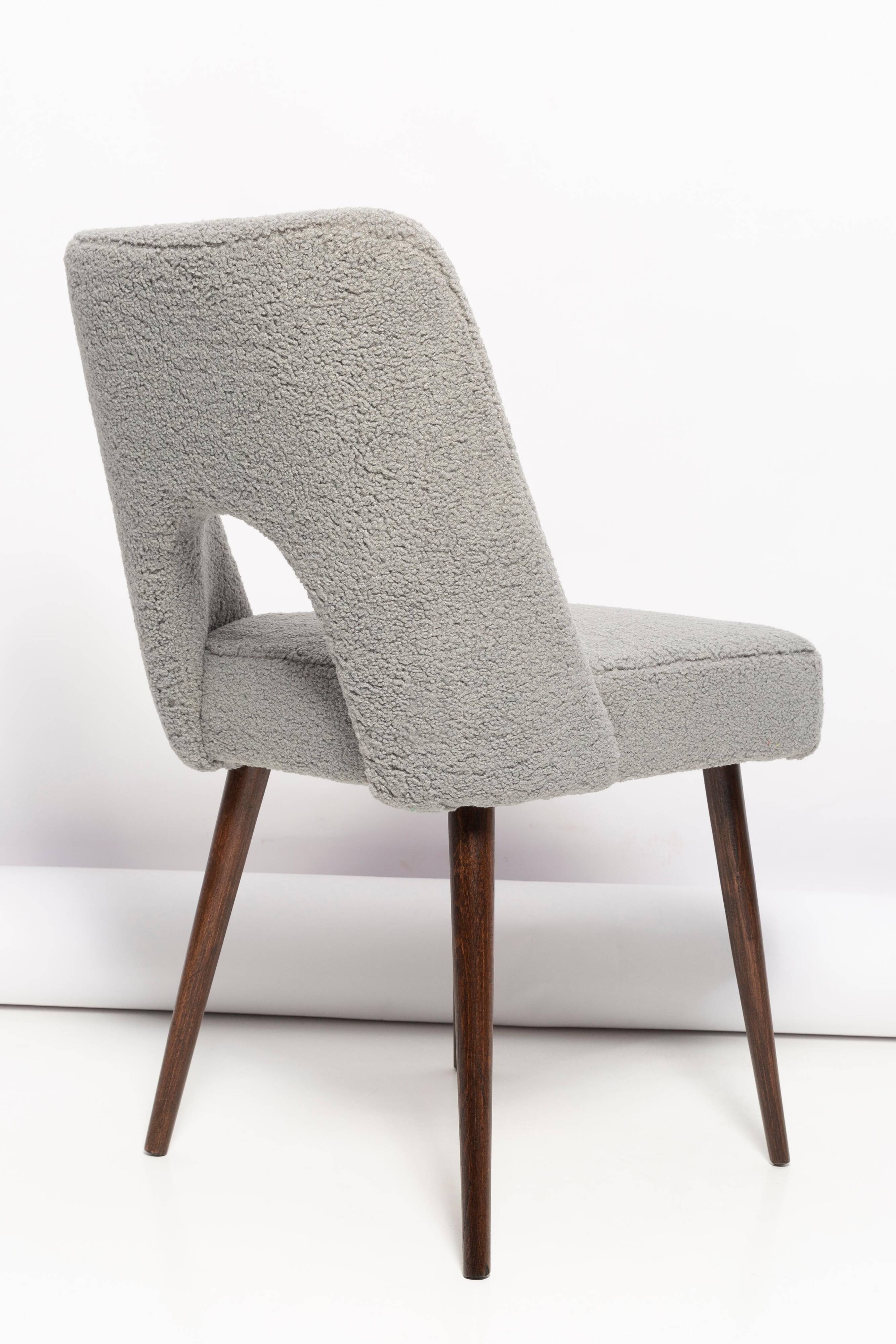 Grey boucle shell chair, dark beech wood, Poland, 1960s.