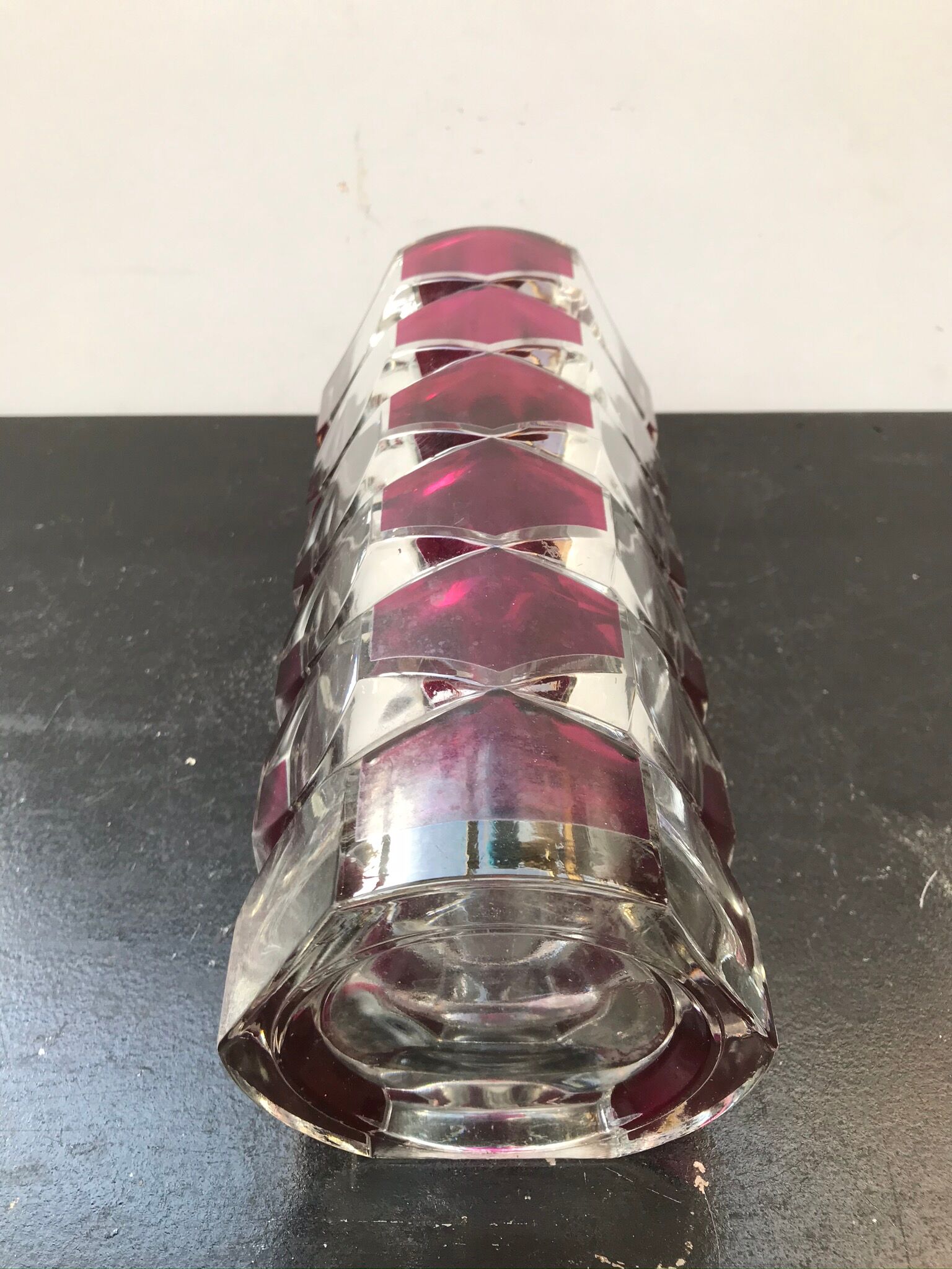 Designer transparent & red glass vase made in France vintage
