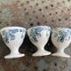 3 white earthenware egg cups, blue foliage decor, Grigny fire clay, made in France