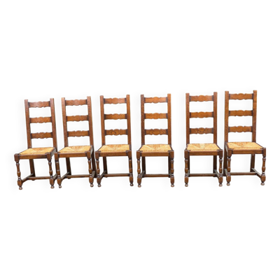 6 chaises bois massif et paille dossier haut type ferme