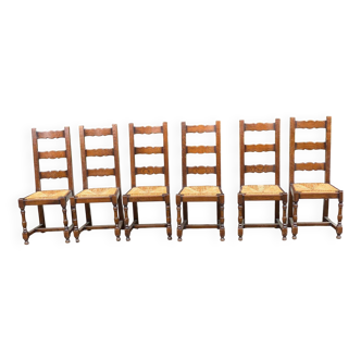 6 chaises bois massif et paille dossier haut type ferme